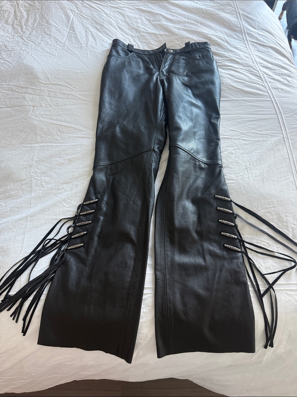 Harley-Davidson Black Leather Flare Pants with Lace Fringe Accents